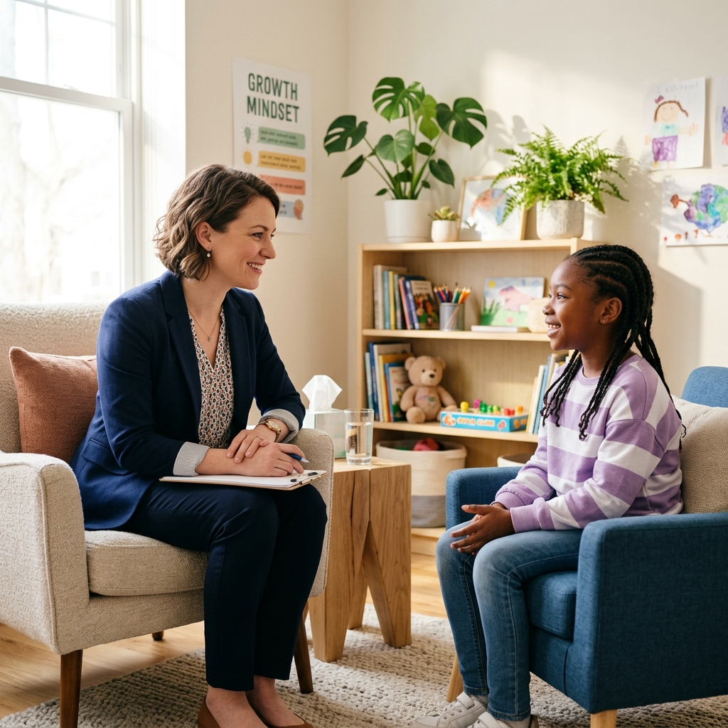 Psychologist supporting student in office