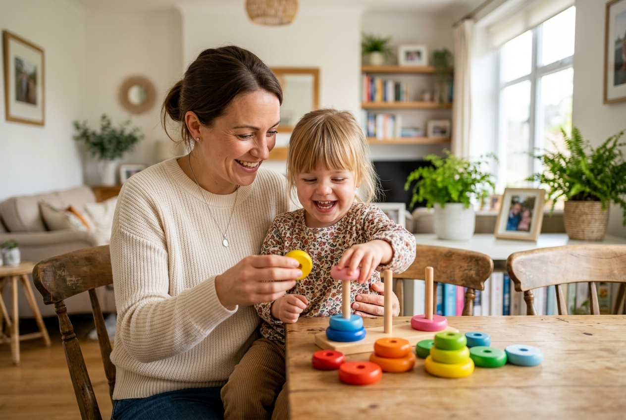 Mother and child playing with stacking blocks