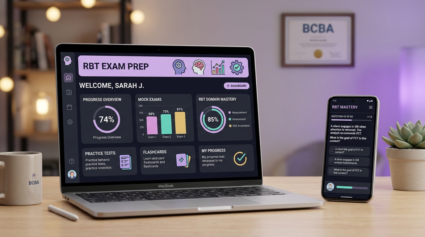 RBT study environment laptop and books mockup